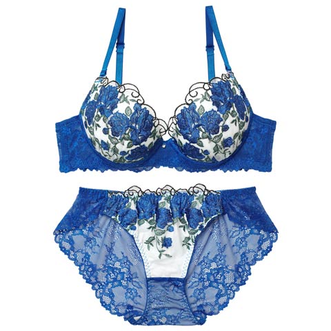 4/17新作!グラマラス ブライトフラワーブラジャー&バック透けフルバックショーツ[推し](ブルー-A65/ショーツM)