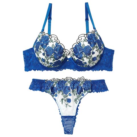 4/17新作!【Tバック】グラマラス ブライトフラワーブラジャー&バック透けTバックショーツ[推し](ブルー-A65/ショーツM)