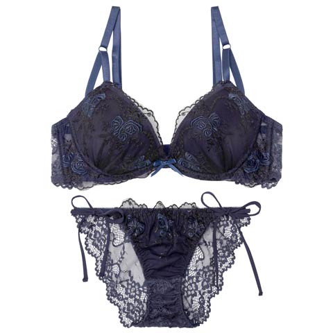 4/3新作!ミスティシアーロゼ育乳脇高ブラジャー&サイド紐バック透けフルバックショーツ[推し](ネイビー-A65/ショーツM)