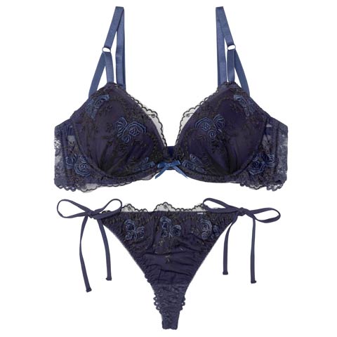 4/3新作!【Tバック】ミスティシアーロゼ育乳脇高ブラジャー&サイド紐バック透けTバックショーツ[推し](ネイビー-A65/ショーツM)