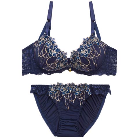 4/1新作!ロイヤルチェインローズ育乳脇高ブラジャー&フルバックショーツ[推し](ネイビー-A70/ショーツM)