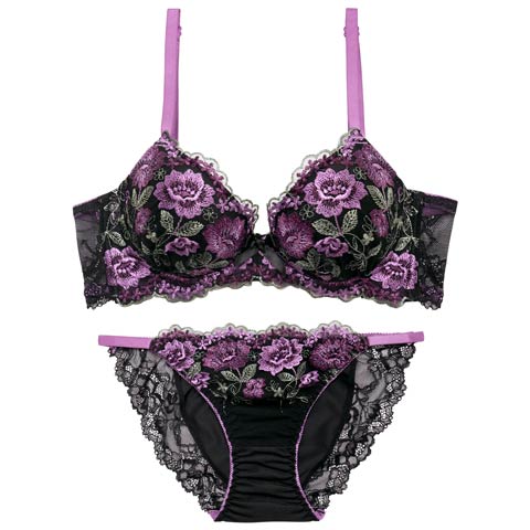4/17新作!ダークフラワーブルーム育乳脇高ブラジャー&フルバックショーツ[推し](パープル-A70/ショーツM)