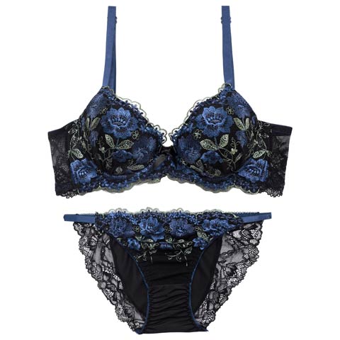 4/17新作!ダークフラワーブルーム育乳脇高ブラジャー&フルバックショーツ[推し](ブルー-A70/ショーツM)