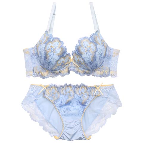4/15新作!フェミニンエレガンスフラワー育乳脇高ブラジャー&フルバックショーツ[推し][人気](ブルー-A70/ショーツM)