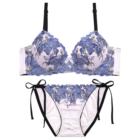 4/6新作!【三上悠亜着用】グロリアスブルーミング育乳脇高ブラジャー&サイド紐フルバックショーツ[推し][人気](ブルー-A65/ショーツM)