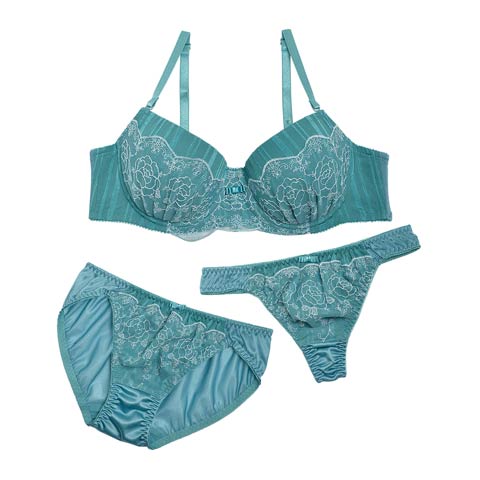 【3点セット】【GHサイズ】ストライプフラワーレースブラジャー&フルバック&Tバックショーツ(グリーン-G70/ショーツM)