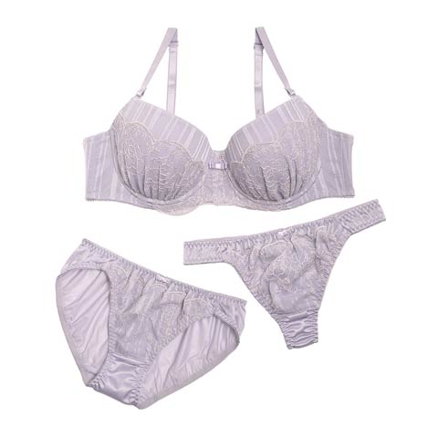 【3点セット】【GHサイズ】ストライプフラワーレースブラジャー&フルバック&Tバックショーツ(グレー-G70/ショーツM)
