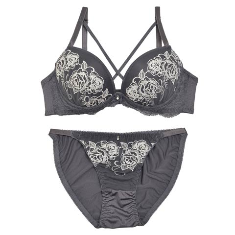 ローズエンブロダイリークロスストリングブラジャー&フルバックショーツ[プチプラ](グレー-A70/ショーツM)