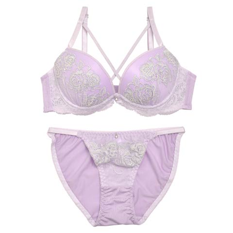 ローズエンブロダイリークロスストリングブラジャー&フルバックショーツ[プチプラ](パープル-A70/ショーツM)