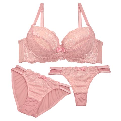 【3点セット】【GHIサイズ】チャーミングシアーレースブラジャー&フルバック&Tバックショーツ(ピンク-G65/ショーツM)