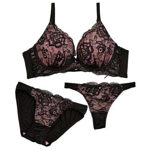 【3点セット】【GHIサイズ】ブラジャー&フルバックショーツ&Tバックショーツ(ブラック-G65/ショーツM)