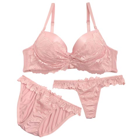 【3点セット】ドレッシーフローラルレースブラジャー&フルバック&Tバックショーツ(ピンク-A70/ショーツM)