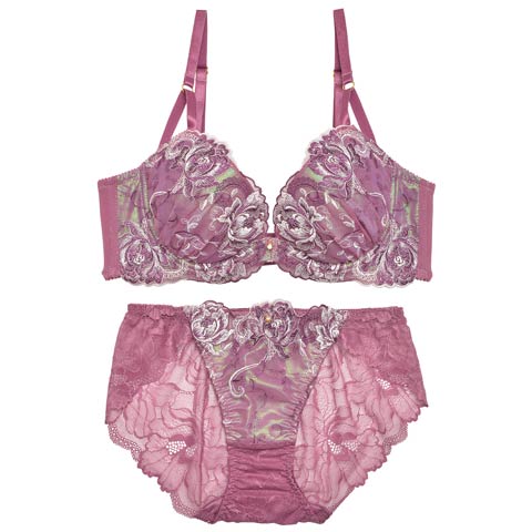 ダマスクリッチフローラル育乳脇高ブラジャー&バック透けフルバックショーツ(パープル-A70/ショーツM)