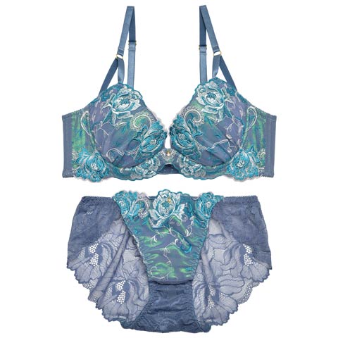 ダマスクリッチフローラル育乳脇高ブラジャー&バック透けフルバックショーツ(ブルー-A70/ショーツM)