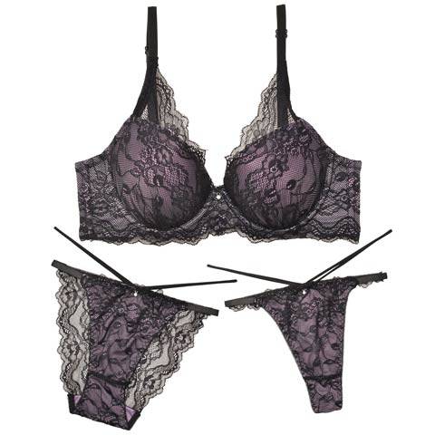 【3点セット】シャルムシアーレース育乳脇高ブラジャー&バック透けフルバック&Tバックショーツ(パープル-A70/ショーツM)