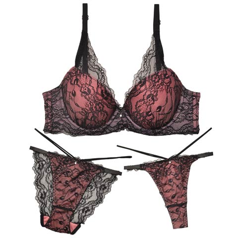 【3点セット】シャルムシアーレース育乳脇高ブラジャー&バック透けフルバック&Tバックショーツ(ピンク-A70/ショーツM)