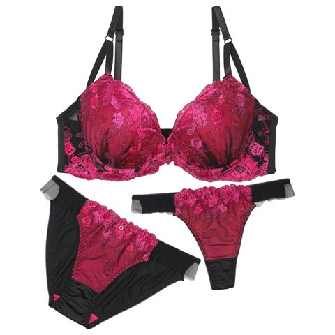 【GHIサイズ】【3点セット】クラッシーチュールローズブラジャー&フルバック&Tバックショーツ[推し](ローズ-G65/ショーツM)