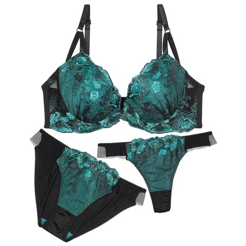 【GHIサイズ】【3点セット】クラッシーチュールローズブラジャー&フルバック&Tバックショーツ[推し](グリーン-G65/ショーツM)