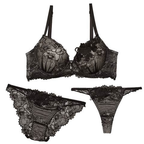 【GHIサイズ】【3点セット】ケミカルレーシィストリング育乳脇高ブラジャー&バック透けフルバック&Tバックショーツ[推し](ブラック-G65/ショーツM)