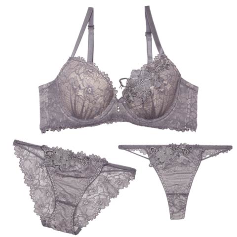 【GHIサイズ】【3点セット】ケミカルレーシィストリング育乳脇高ブラジャー&バック透けフルバック&Tバックショーツ[推し](パープル-G65/ショーツM)
