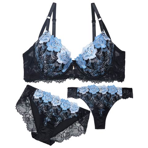 6/30新作!【GHIサイズ】【3点セット】【三上悠亜着用】ノーブルフローラルレースブラジャー&フルバック&Tバックショーツ[推し](ブラック-G65/ショーツM)