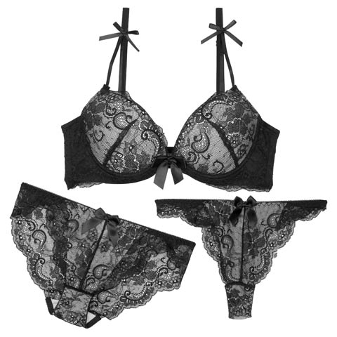 【GHIサイズ】【3点セット】モノトーンレーシィリボン育乳ブラジャー&バック透けフルバック&Tバックショーツ[推し](ブラック-G65/ショーツM)