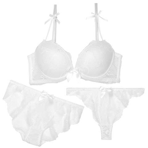 【GHIサイズ】【3点セット】モノトーンレーシィリボン育乳ブラジャー&バック透けフルバック&Tバックショーツ[推し](ホワイト-G65/ショーツM)