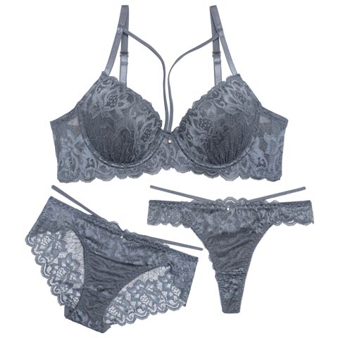 【GHIサイズ】【3点セット】フローリッシュコードレースブラジャー&バック透けフルバック&Tバックショーツ] [推し](ブルーグレー-G65/ショーツM)