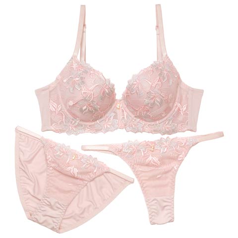 【GHIサイズ】【3点セット】ミスティックアイビーフラワー育乳脇高ブラジャー&フルバック&Tバックショーツ[推し](ピンク-G65/ショーツM)