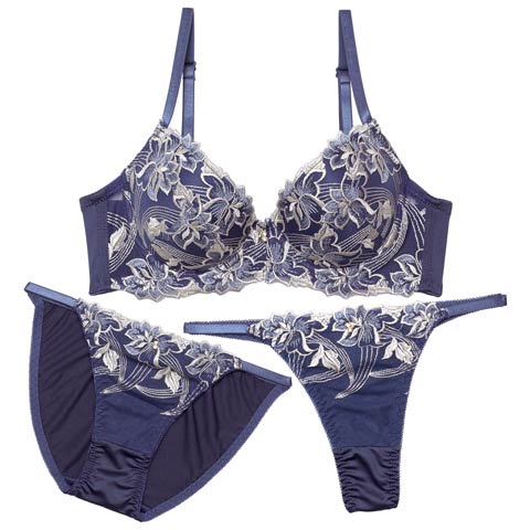【GHIサイズ】【3点セット】ミスティックアイビーフラワー育乳脇高ブラジャー&フルバック&Tバックショーツ[推し](ネイビー-G65/ショーツM)