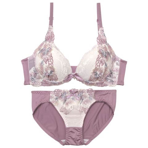 【GHIサイズ】ノーブルフルールエンブロイダリー育乳脇高ブラジャー&フルバックショーツ[推し](パープル-G65/ショーツM)