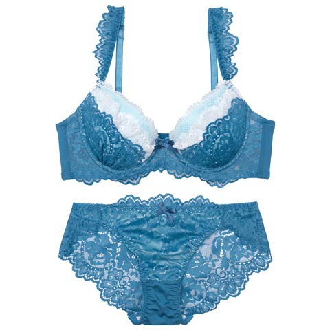フェミニンプティレースブラジャー&バック透けフルバックショーツ[推し][人気](ブルー-A70/ショーツM)