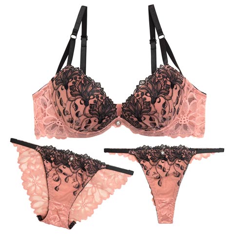 【GHIサイズ】【3点セット】ノーブルシルエットフラワーブラジャー&バック透けフルバック&Tバックショーツ[推し](サーモンピンク-G65/ショーツM)