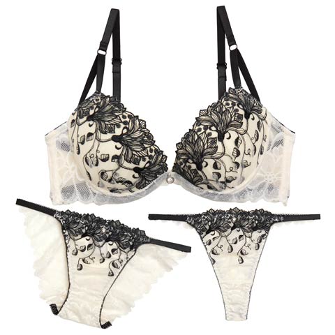 【GHIサイズ】【3点セット】ノーブルシルエットフラワーブラジャー&バック透けフルバック&Tバックショーツ[推し](アイボリー-G65/ショーツM)