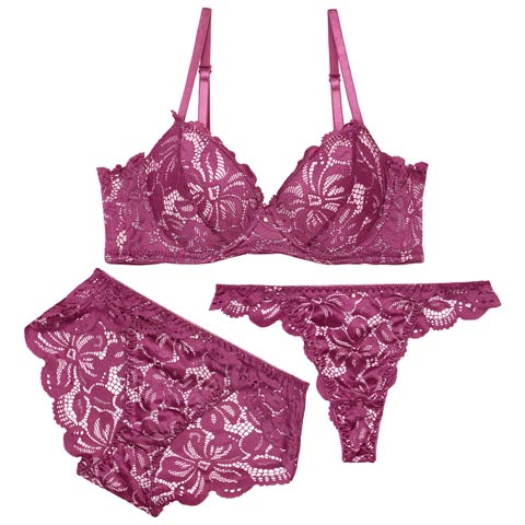 8/4新作!【3点セット】グロリアスレーシーブルーム育乳ブラジャー&バック透けフルバック&Tバックショーツ[推し](パープル-A70/ショーツM)