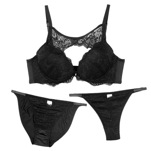 7/18新作!【3点セット】レーシィカットホール育乳ブラジャー&フルバック&Tバックショーツ[推し](ブラック-A70/ショーツM)