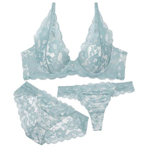 7/11新作!【GHIサイズ】【3点セット】ブルームエレガントレースブラジャー&バック透けフルバック&Tバックショーツ[推し](グリーン-G65/ショーツM)