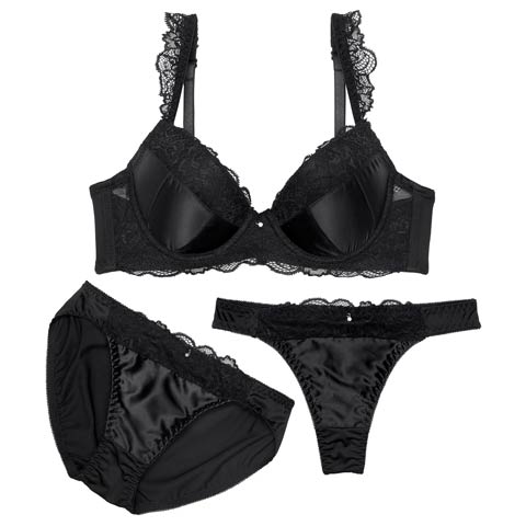 7/4新作!【GHIサイズ】【3点セット】クラッシーサテンレースブラジャー&フルバック&Tバックショーツ[推し](ブラック-G65/ショーツM)
