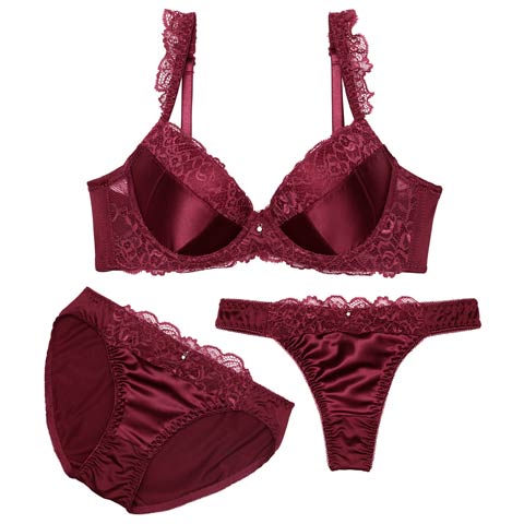 7/4新作!【GHIサイズ】【3点セット】クラッシーサテンレースブラジャー&フルバック&Tバックショーツ[推し](ボルドー-G65/ショーツM)