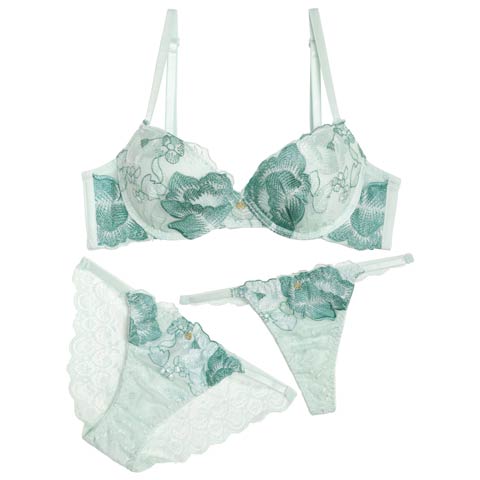 【3点セット】クラシックローズチャーム育乳脇高ブラジャー&バック透けフルバック&Tバックショーツ[推し](ミント-A70/ショーツM)
