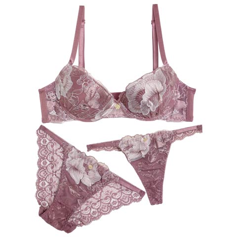【3点セット】クラシックローズチャーム育乳脇高ブラジャー&バック透けフルバック&Tバックショーツ[推し](パープル-A70/ショーツM)
