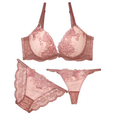 7/3再販!【三上悠亜着用】【3点セット】【GHIサイズ】ローズブロッサムレース育乳ブラジャー&バック透けフルバック&Tバックショーツ[推し](ダスティピンク-G65/ショーツM)