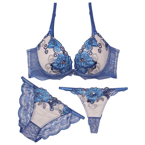 7/3再販!【三上悠亜着用】【3点セット】【GHIサイズ】ローズブロッサムレース育乳ブラジャー&バック透けフルバック&Tバックショーツ[推し](ブルー-G65/ショーツM)