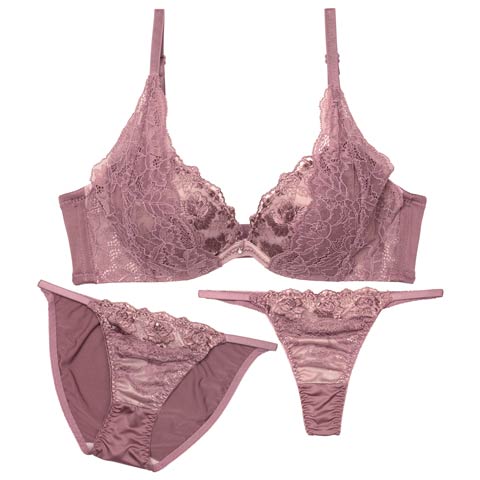 8/11新作!【3点セット】トワイライトレースフラワー育乳ブラジャー&フルバック&Tバックショーツ[推し](パープル-A70/ショーツM)