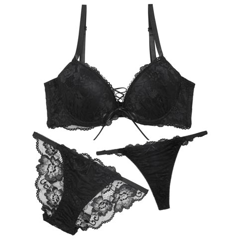 9/6再販!【かとゆり着用】【3点セット】エレガンスレースアップ育乳ブラジャー&バック透けフルバック&Tバックショーツ[推し](ブラック-A70/ショーツM)