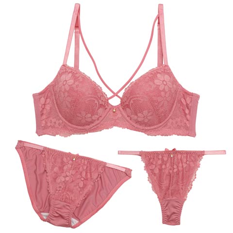 【GHIサイズ】【3点セット】オールフラワーレーシィクロス育乳ブラジャー&フルバック&Tバックショーツ[推し](ピンク-G65/ショーツM)