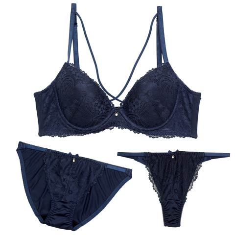 【GHIサイズ】【3点セット】オールフラワーレーシィクロス育乳ブラジャー&フルバック&Tバックショーツ[推し](ネイビー-G65/ショーツM)