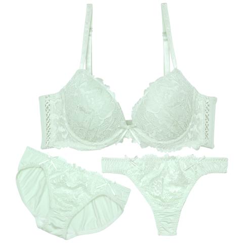 8/6新作!【3点セット】フェアリースピンドルレース育乳脇高ブラジャー&フルバック&Tバックショーツ[推し](ミント-A70/ショーツM)