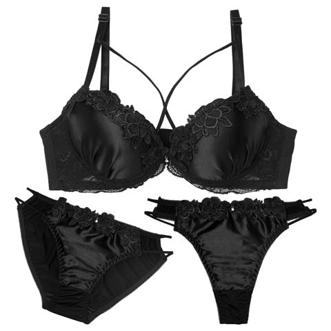 11/14新作!【3点セット】グロッシーブロッサムコード育乳ブラジャー&フルバック&Tバックショーツ[推し](ブラック-A70/ショーツM)