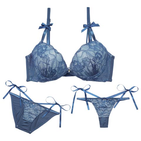 12/2再販!【三上悠亜着用】【3点セット】エトワールリボンレース育乳ブラジャー&フルバック&Tバックショーツ[推し](ブルー-A70/ショーツM)